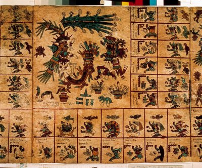 Representation of Aztec deities and boxes corresponding to the calendar. Page of the Aztec manuscript on bark 