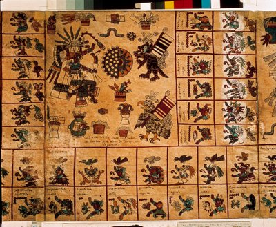 Representation of Aztec deities and boxes corresponding to the calendar. Page of the Aztec manuscript on bark 