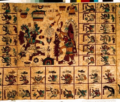 Representation of Aztec deities and boxes corresponding to the calendar. Page of the Aztec manuscript on bark 