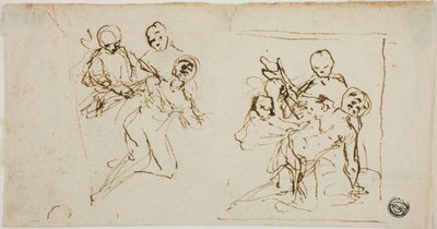 Two Composition Sketches of Collapsing Figure Supported by Two Other Figures (recto); Compositional Sketch of Kneeling Figure Accompanied by Two Other Figures by Baldassare Franceschini