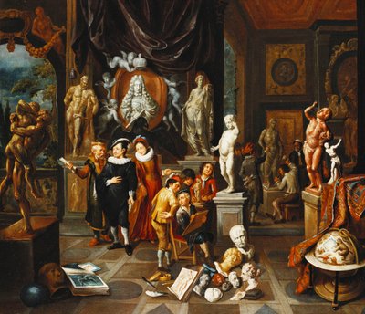An Elegant Couple Visiting a Sculpture Gallery, with an Artist Sketching and a Sculptor at Work Beyond by Balthasar van den Bossche