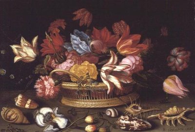 A Basket of Flowers with Shells on a Ledge by Balthasar van der Ast