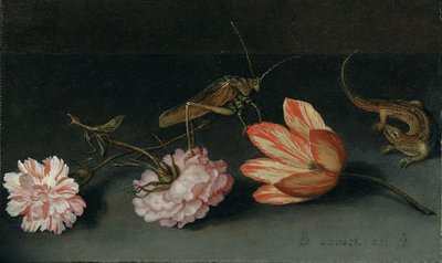 Carnations, a Parrot Tulip, a Grasshopper and a Lizard on a Ledge by Balthasar van der Ast