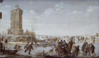 Skaters and elegant figures with horse-drawn sleighs on a frozen river by a tower by Barent Avercamp