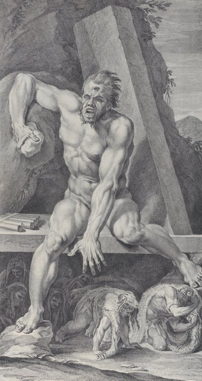 Plate 7: The Blinded Polyphemus, Guarding the Entrance of His Cavern, with Ulysses and His Men by Bartolomeo Crivellari
