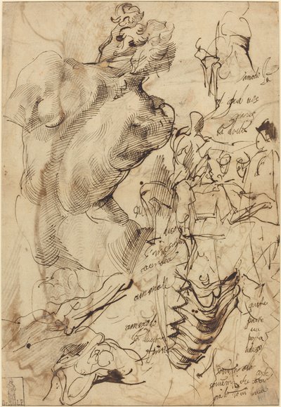 Studies of a Sculpture of a Male Nude, Vertebrae, and Gesturing Figures by Bartolomeo Passarotti