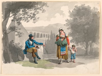 A Woman Holding a Boy with Her Hand Passing a Gentleman Seated Among Ruins in the Campagna, 1807 by Bartolomeo Pinelli