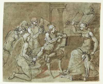 A Male Saint Washed and Cared for by Angels, While Listening to a Female Saint Sitting in Front of a Lectern and Pointing Upwards. St. Sebastian with St. Irene? by Bartolommeo Letterini