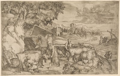 Landscape with cattle by Battista Angolo del Moro