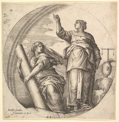 Fortitude and Justice, an allegorical composition in round format, with Fortitude by Battista Franco Veneziano