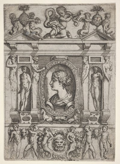 Bust of a Woman in Profile Facing Left, Set in an Elaborate Frame with Figures, ca. 1540-80 by Battista del Moro