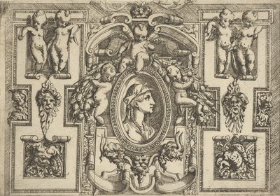 Bust of a Woman in Profile Facing Right, Set Within an Elaborate Frame with Putti by Battista del Moro