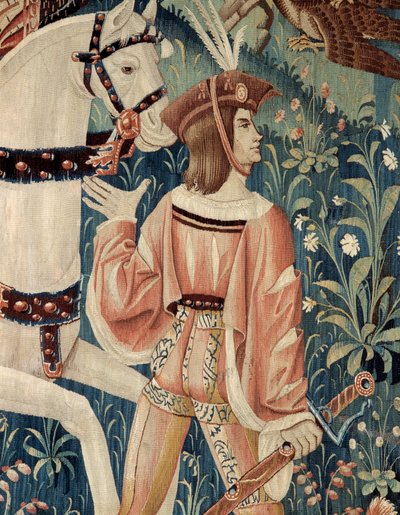 Middle Ages: the beginning for hunting falcon, on horseback. Detail of a silk and wool tapestry from the beginning of the 16th century. From Hainaut. Paris, National Museum of the Middle Ages, Thermes de Cluny by Belgian School