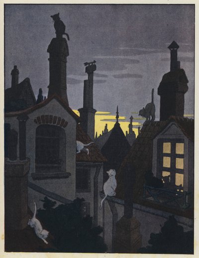 Cats on Rooftops at Night by Benjamin Rabier