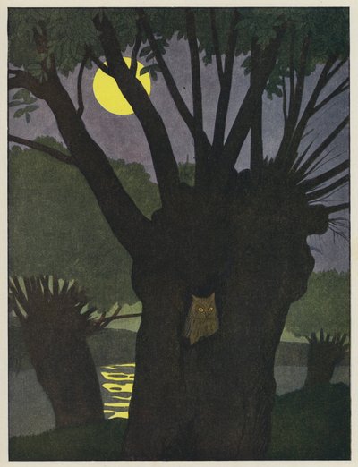 Owl in a Hole in a Tree on a Moonlit Night by Benjamin Rabier