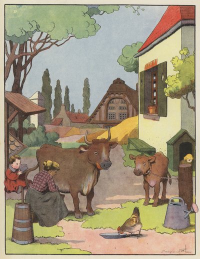 Woman Milking a Cow in a Farmyard by Benjamin Rabier