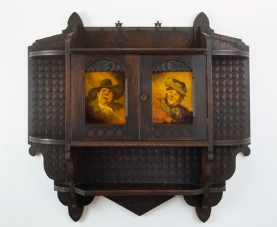Hanging Wall Cabinet with Ceramic plaques, carving attributed to Mary Madeline Nourse, plaques to Artus van Briggle (1869-1904) 1887-99 by Benn attr.to Pitman