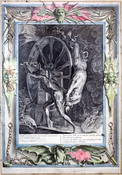 Ixion bound to the eternally turning fiery wheel by Bernard (after) Picart