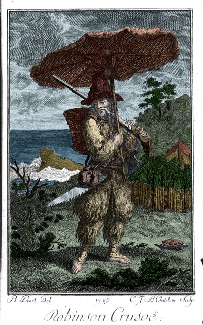 Representation of Robinson Crusoe on his deserted island. Engraving by Bernard Picart illustrating the novel by Daniel Defoe by Bernard Picart