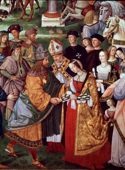 Poet Enee Silvio Piccolomini presents Eleonore of Portugal to Emperor Frederic III of the Holy Empire at the Camollia Gate. (Detail) by Bernardino di Betto Pinturicchio