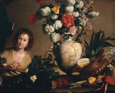 A Still Life of Flowers, Fruit, Vegetables and Seafood on a Ledge with a Figure Holding a Plate of Cherries by Bernardo Strozzi