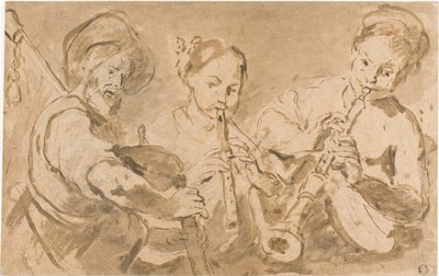 Three Musicians Playing Horns and Pipe by Bernardo Strozzi