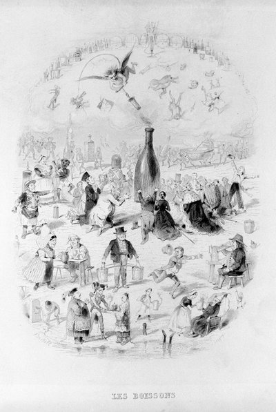 Drinks: a crowd in adoration in front of a bottle of wine and the different types of drinks in Brillat - Savarin illustrated by Bertall. Paris 1840. Jean Anthelme Brillat-Savarin, French gastronome. by Bertall