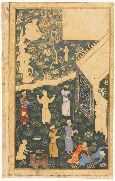 Musicians and Servants Outside a Royal Encampment by Bihzad
