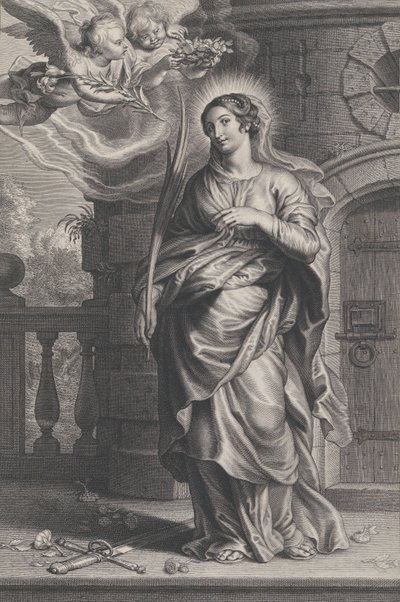 Saint Barbara holding palm leaves with a sword and flowers at her feet, two putti by Boetius Adams Bolswert
