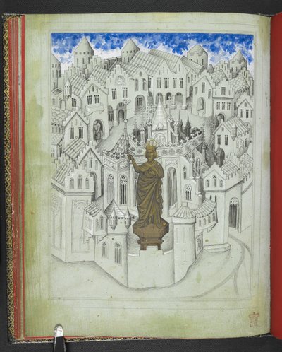 The city of Constantinople, with a large statue of the Emperor Justinian standing before the cathedral of St Sophia, from the 