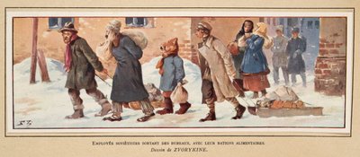 Soviet Workers leaving the office with their food rations, from Histoire des Soviets, pub. 1922 by Boris Vasilievich Zvorykin