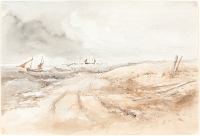 Shore Scene with Boats in Choppy Water by British 19th Century