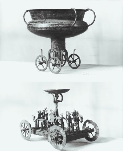Two votive chariots for collecting rainwater: Top - cup supported on four wheels from the Peccatel tumulus, Mecklembourg, Germany. Bottom - standing female divinity beneath a plate surrounded by warriors by Bronze Age