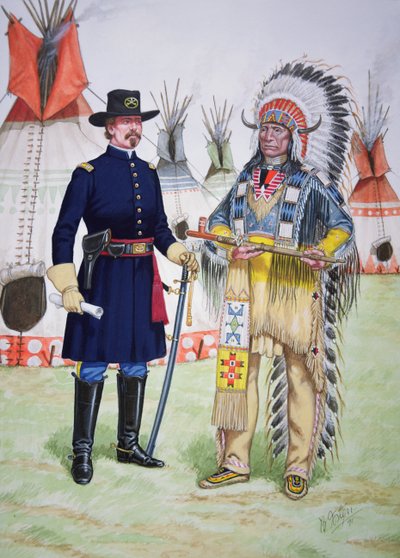 Chief Red Cloud of the Oglala Sioux offers pipe of peace to an officer of the 5th Regiment of US Cavalry at the signing of the Fort Laramie Treaty of 1868, from a set of six tableaux by Bryan Fosten
