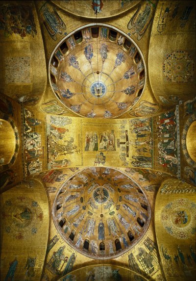 Byzantine architecture: view of the domes with mosaics on a golden background illustrating the Pentecost (1250-1300) and the Ascension (early 13th century). Basilica San Marco, Venice by Byzantine