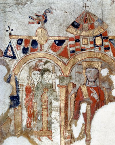 Deacon and fideles during a procession to the church (Miniature from Exultet, 11th century) by Byzantine