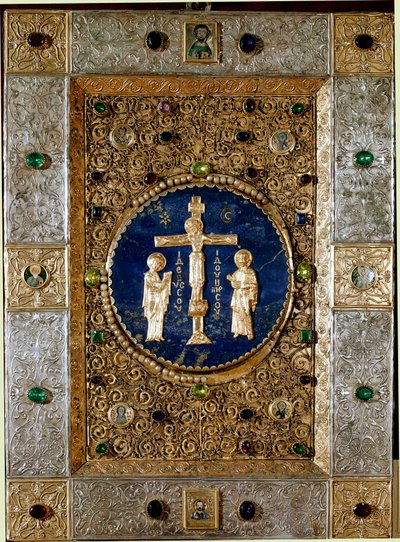 Byzantine art: cover of an evangelical decorated with gold leaves repels with filigree crucifix representing the Virgin and Saint John. 13th century. Venice tesoro de San Marco (treasor of Saint Mark) by Byzantine