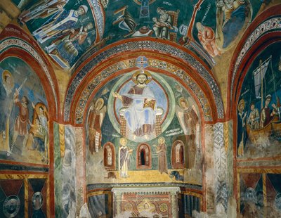 Chapel of Saint Eldrad and Saint Nicholas with Romanesque frescoes in Byzantine style, Late 11th century, Novalesa Abbey, Piedmont, Italy by Byzantine