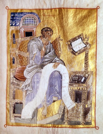 Saint Mark represented in a 13th century Byzantine manuscript, London, Victoria and Albert. by Byzantine