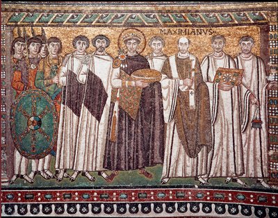 Emperor Justinian I and his retinue of officials, guards and clergy, c.547 AD by Byzantine School