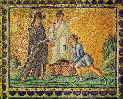 Jesus and the Multiplication of the Bread, an Apostle, and a Man with Bread Baskets by Byzantine School