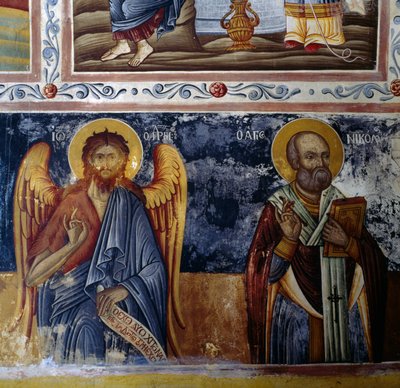 Archangel and saint, frescoed vault in Mikro Sotiris monastery, Symi island, Greece by J.B. and Brown J. Rowbotham