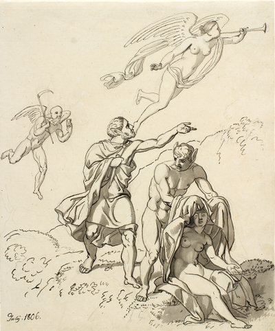 Allegorical Composition; a Couple of Young Men with Donkey Ears and a Seated Naked Woman, in the Background Time and Fauna Floating by Christoffer Wilhelm Eckersberg