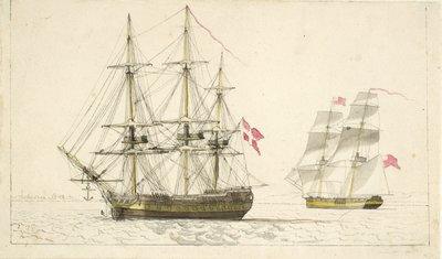 A Danish Frigate at Anchor and an English Brig Under Sail by Christoffer Wilhelm Eckersberg