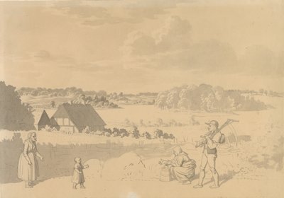 Landscape with a Lake, Surrounded by Forest and Fields, in the Foreground Peasants Playing with a Small Child by Christoffer Wilhelm Eckersberg