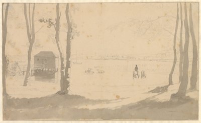 View Over a Lake, with a Bathhouse on the Left, Riders Watering Horses in the Middle, and Trees in the Foreground by Christoffer Wilhelm Eckersberg