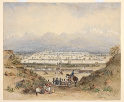 A general reviewing cavalry and infantry, who are about to enter a walled town in mountainous country, perhaps Kandahar by C. Graham
