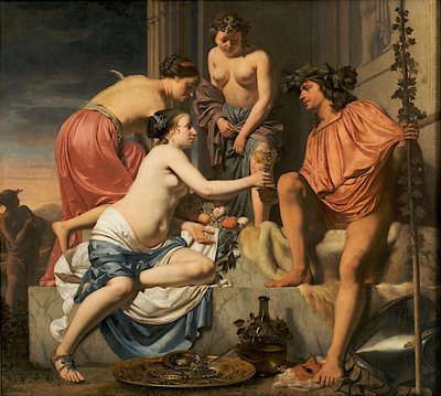 Bacchus on a Throne - Nymphs Offering Bacchus Wine and Fruit by Cesar Boetius van Everdingen