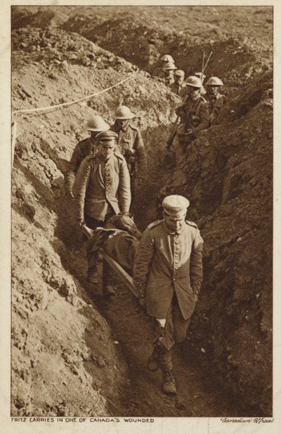 Captured Germans Carrying a Wounded Canadian Soldier on a Stretcher, World War I by Canadian Photographer