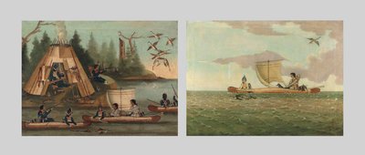 Mi’kmaq Indian camp on a bay with Mi’kmaqs shooting Canada geese; and Mi’kmaq Indians hunting Canada geese, early 19th century by Canadian School
